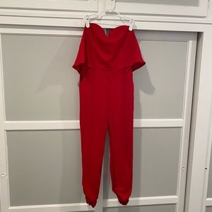 Red Strapless V Bar Jumpsuit